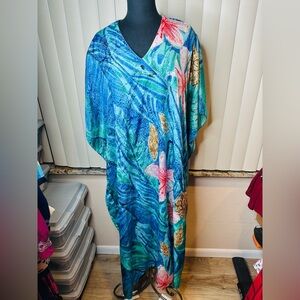 Sante Vintage Floral Blue Green Shoulder Pad Maxi Kaftan Dress OSFA